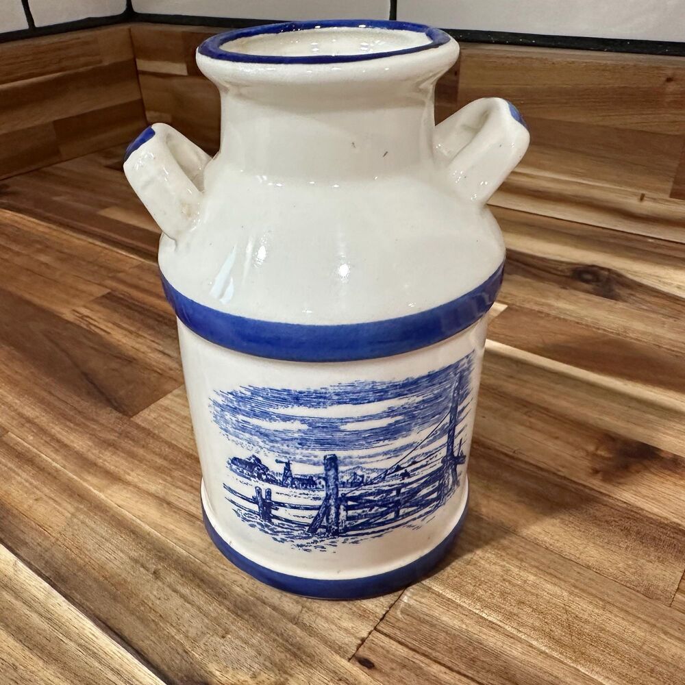 Vintage 6” Earthenware Milk Jug - Blue on White Country Farm Windmill Scene READ